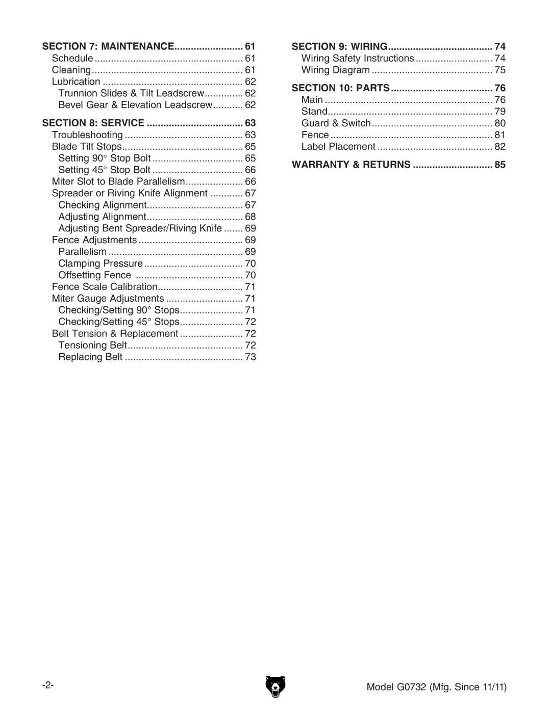 Grizzly G0732 owner manual Maintenance, Service 