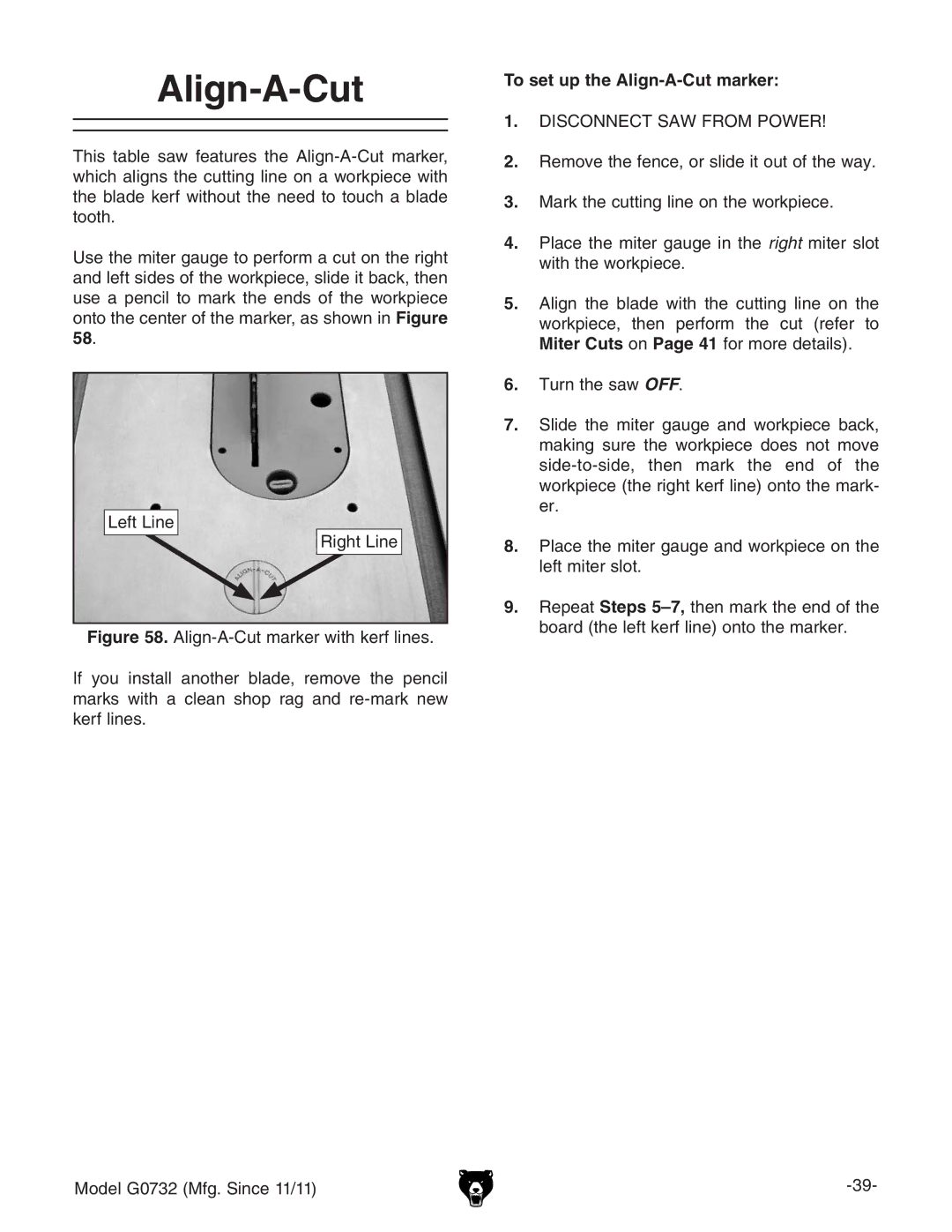 Grizzly G0732 owner manual AZiAcZ, To set up the Align-A-Cut marker,  IjgciZhVlOFF# 