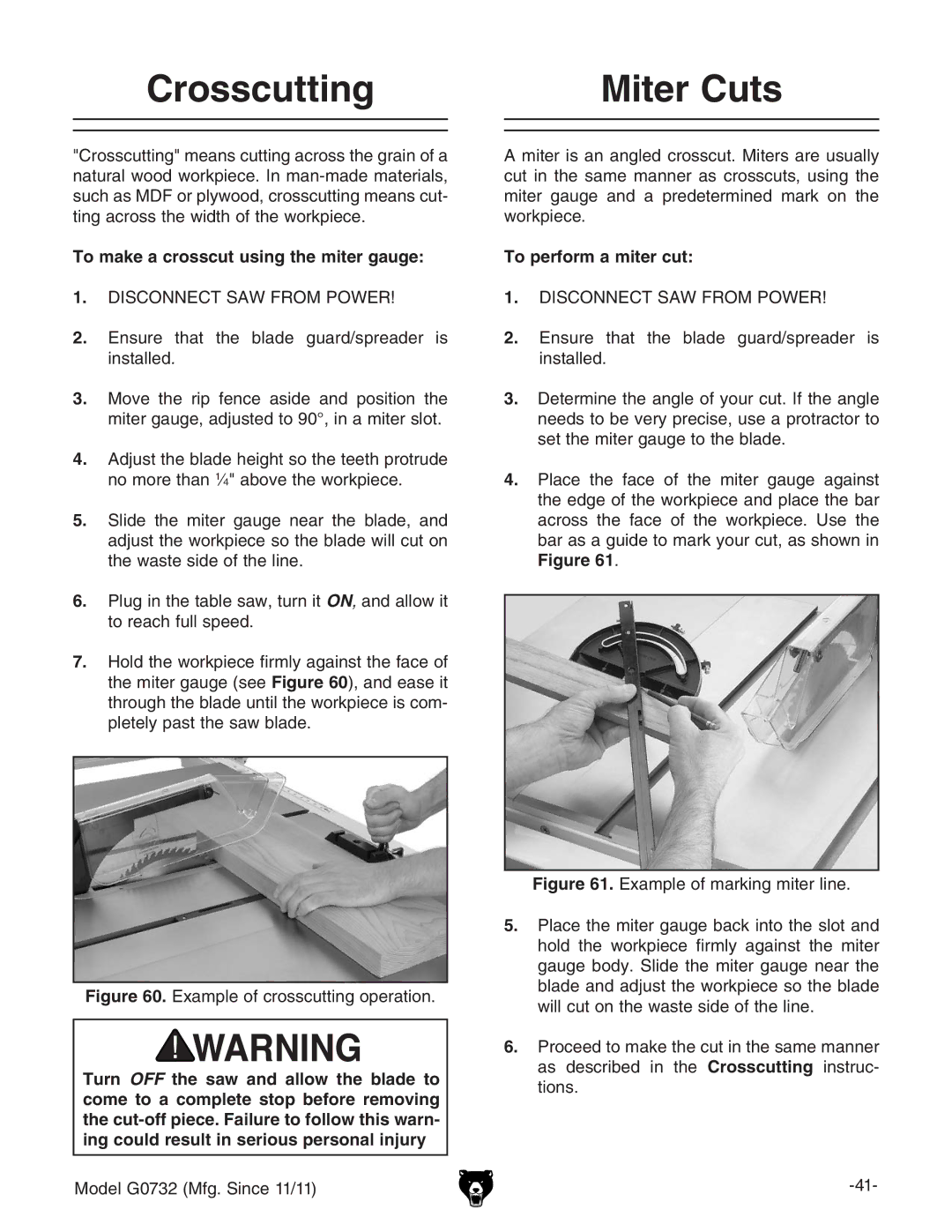 Grizzly G0732 owner manual Crosscutting Miter Cuts, To make a crosscut using the miter gauge, To perform a miter cut 