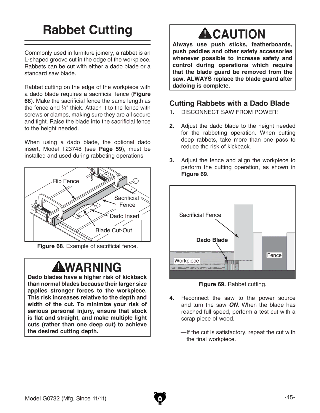 Grizzly G0732 owner manual Rabbet Cutting, Cutting Rabbets with a Dado Blade 