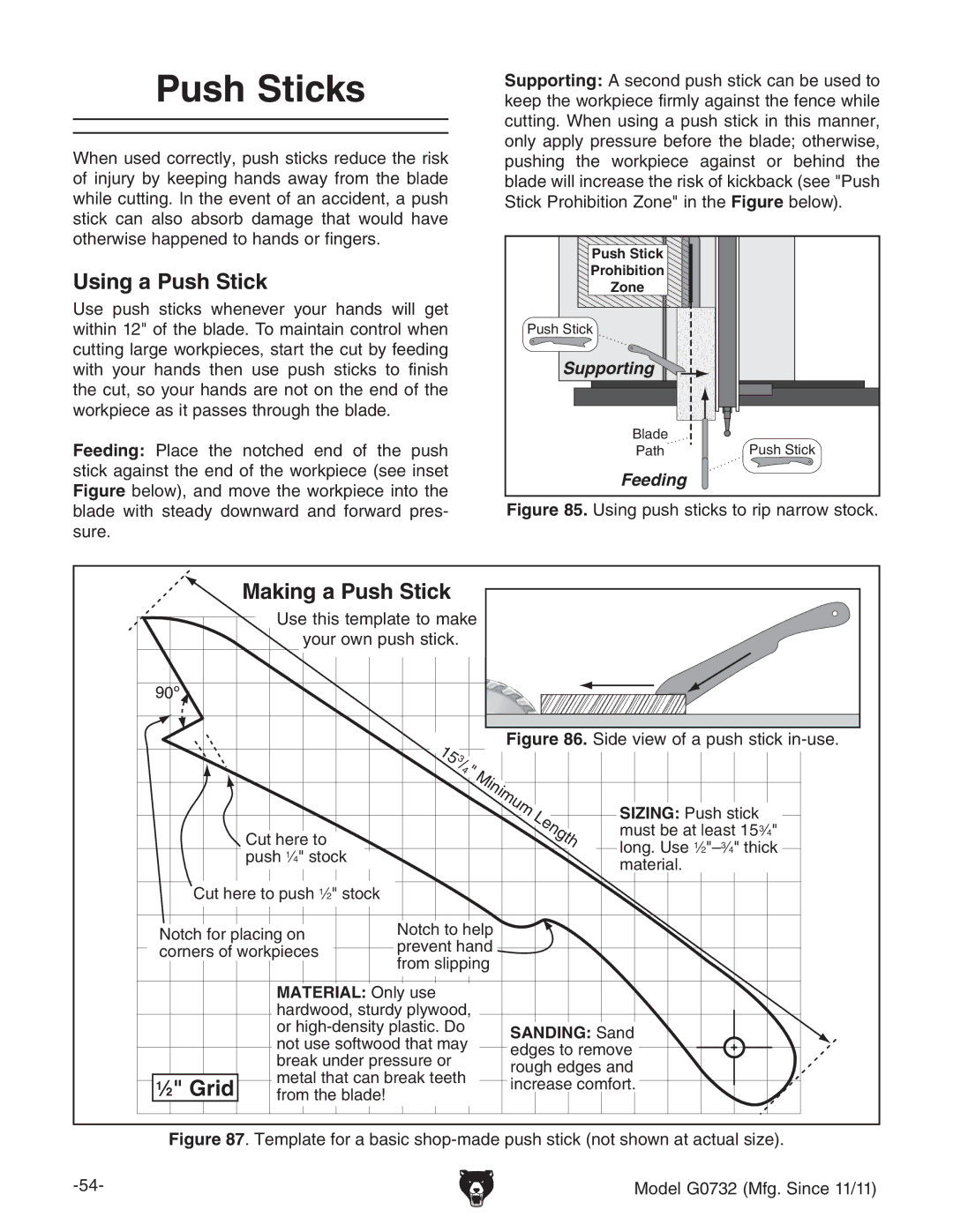 Grizzly G0732 owner manual Push Sticks, Using a Push Stick, ⁄2 Grid, HjgZ#, JhZihiZbeaViZidbV`Z NdjgdlcejhhiX`# 