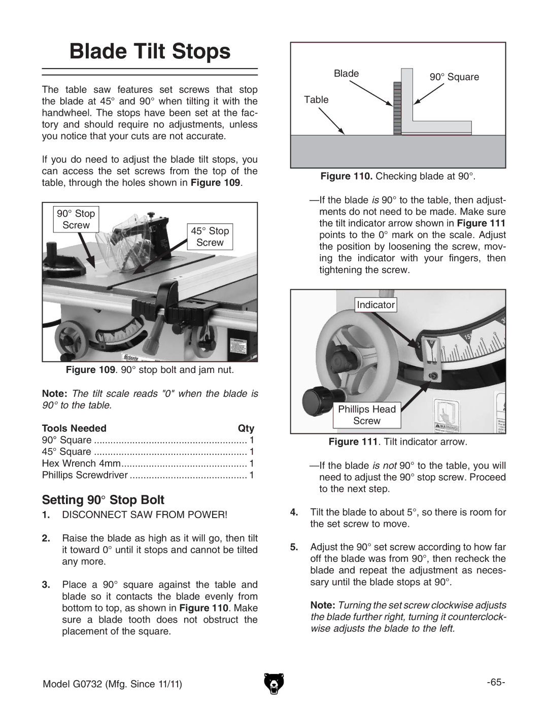 Grizzly G0732 owner manual Blade Tilt Stops, Setting 90 Stop Bolt 