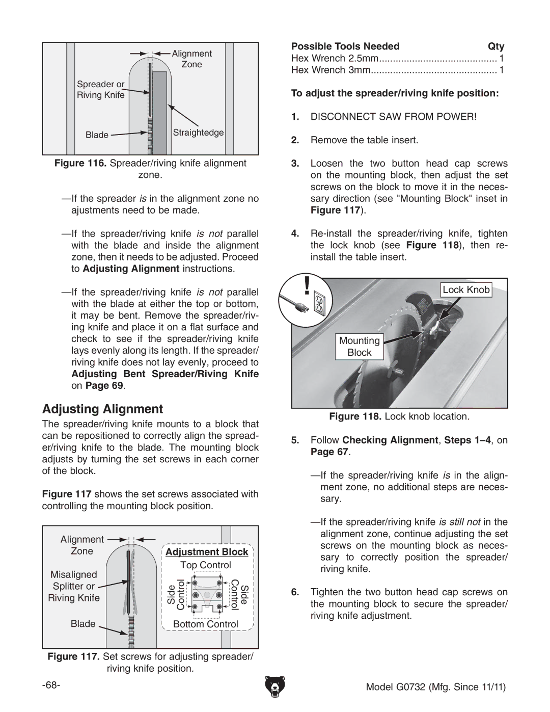 Grizzly G0732 owner manual Adjusting Alignment 