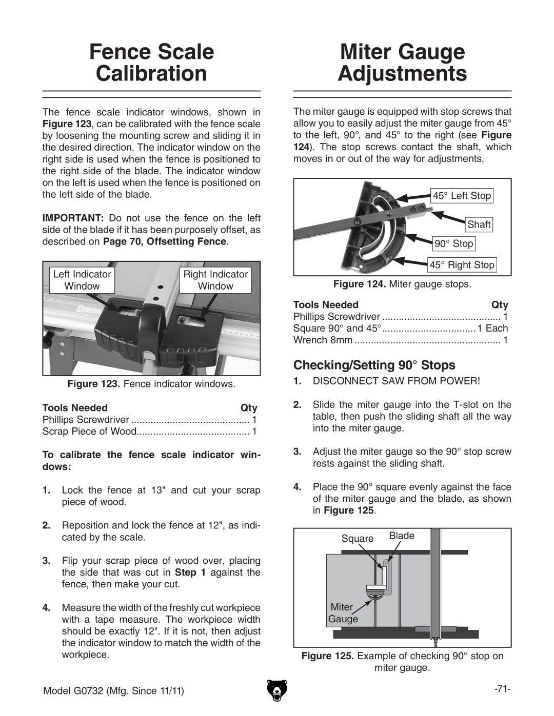 Grizzly G0732 owner manual Fence Scale Calibration, Miter Gauge Adjustments, Checking/Setting 90 Stops 