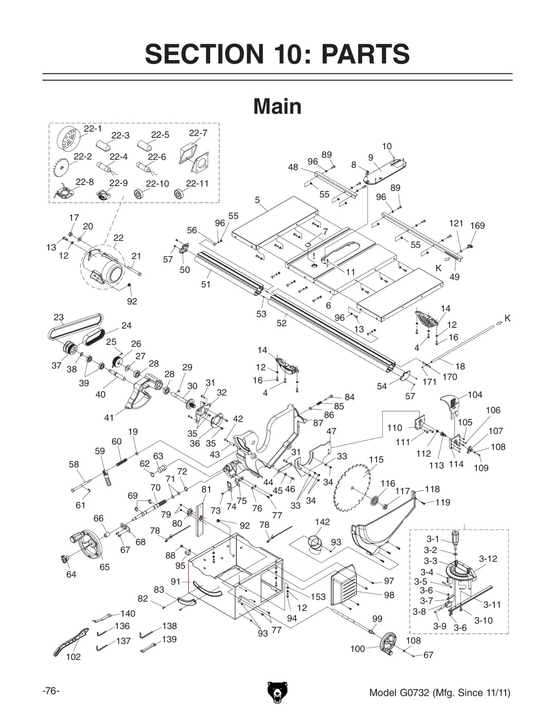 Grizzly G0732 owner manual Parts, Main 