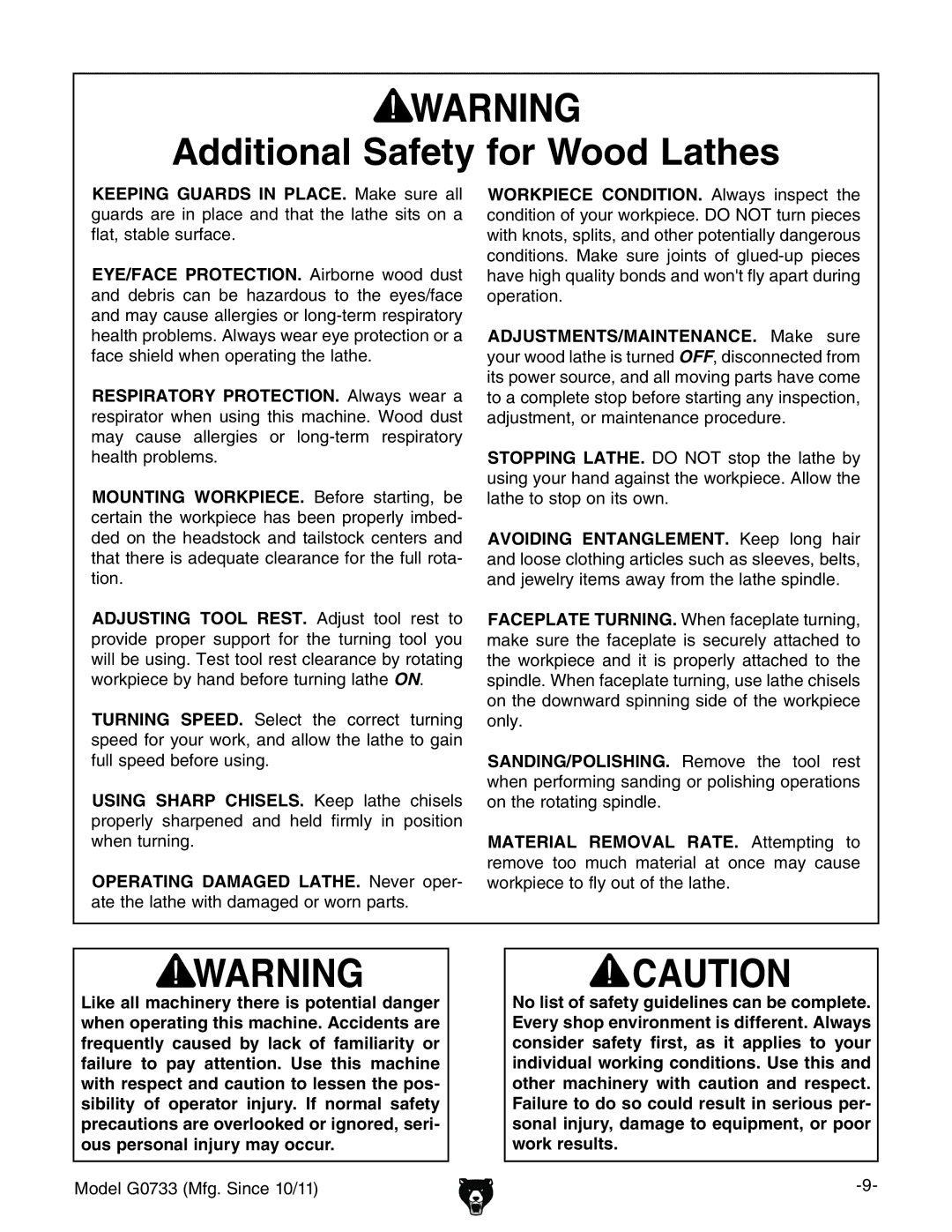 Grizzly G0733 owner manual Additional Safety for Wood Lathes, BdYZa%,B\#HcXZ&%$&& 