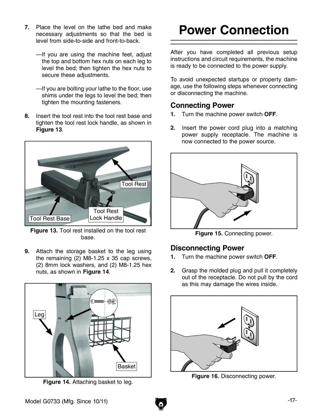 Grizzly G0733 owner manual Power Connection, Connecting Power, Disconnecting Power 