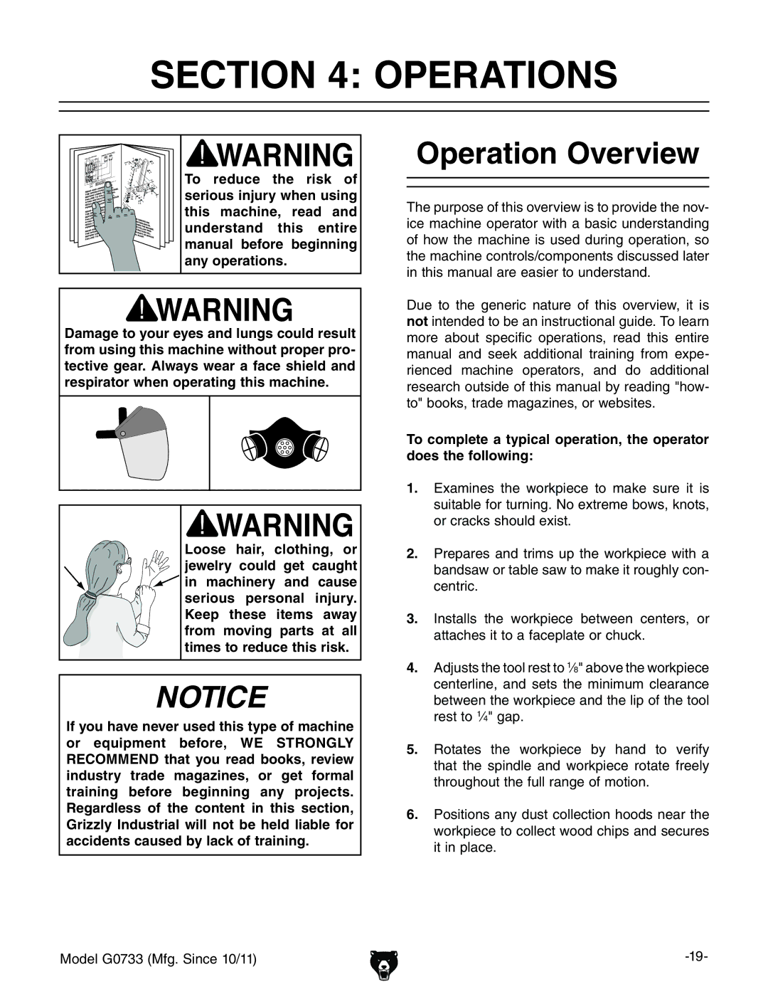 Grizzly G0733 owner manual Operations, Operation Overview 