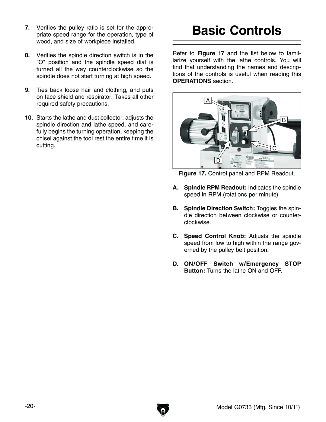 Grizzly G0733 owner manual Basic Controls, JaanWZ\chiZijgcc\deZgVidc!`ZZec\iZ, Xjiic\# 