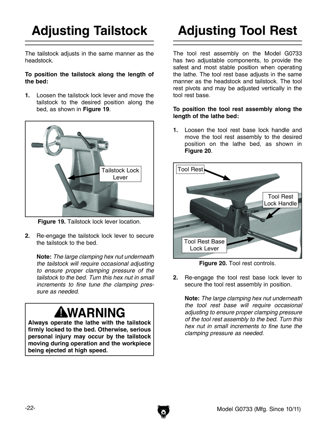 Grizzly G0733 owner manual Adjusting Tailstock, Adjusting Tool Rest, To position the tailstock along the length of the bed 