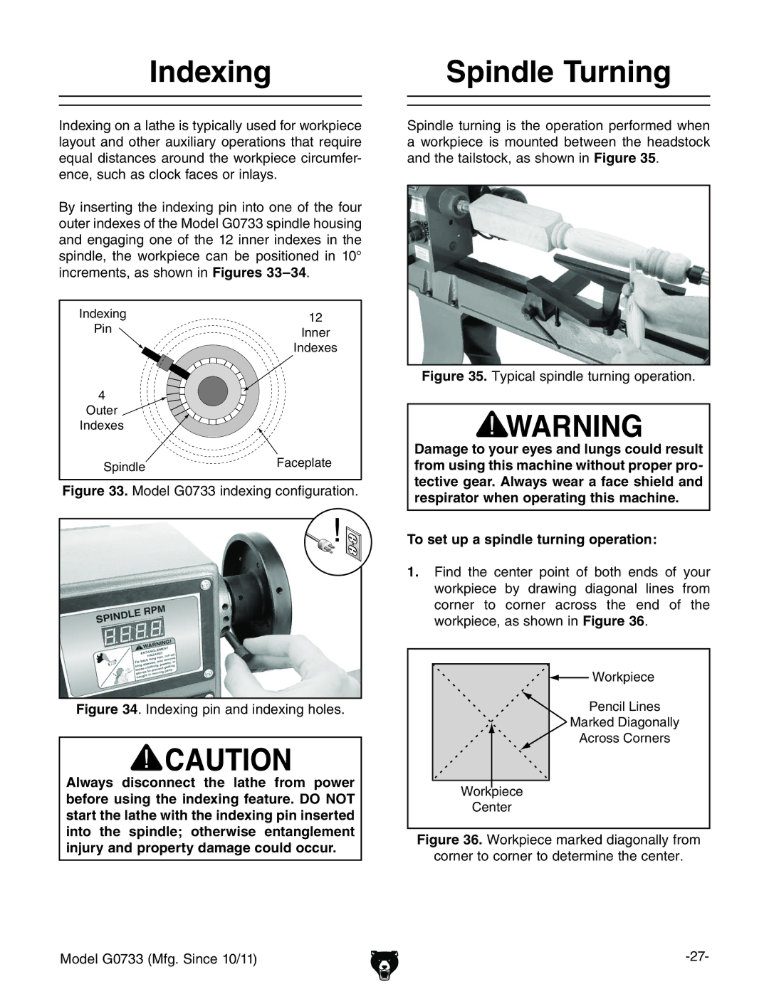 Grizzly G0733 Indexing, Spindle Turning, ZcXZ!hjXVhXadX`VXZhdgcaVnh#, CXgZbZcih!VhhdlccFigures 33-34# 