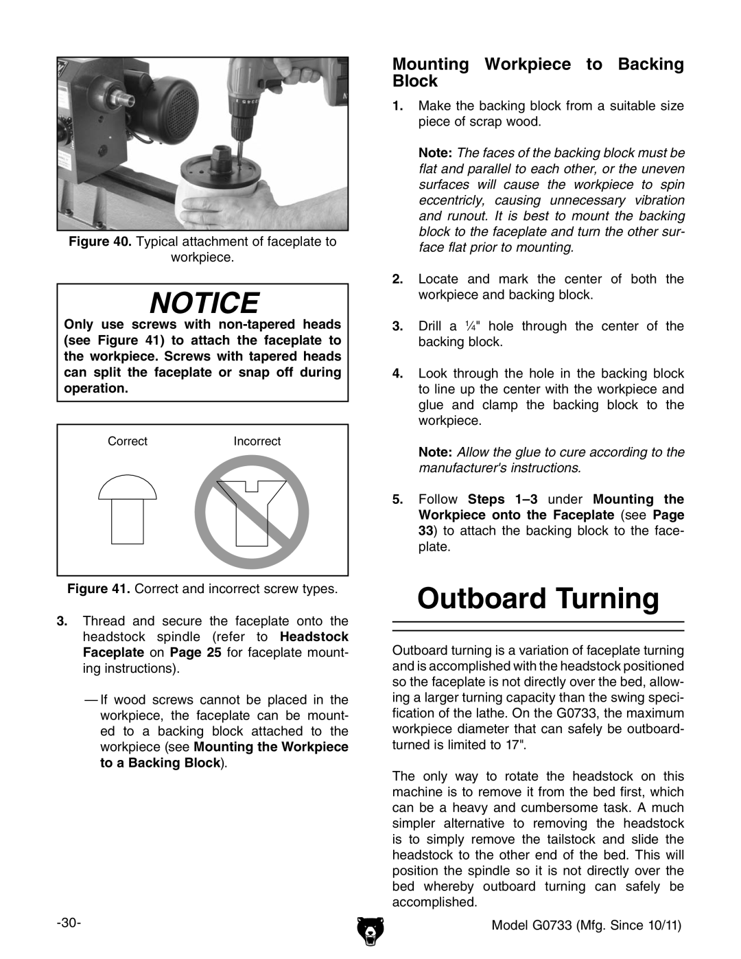 Grizzly G0733 owner manual Outboard Turning, Mounting Workpiece to Backing Block 