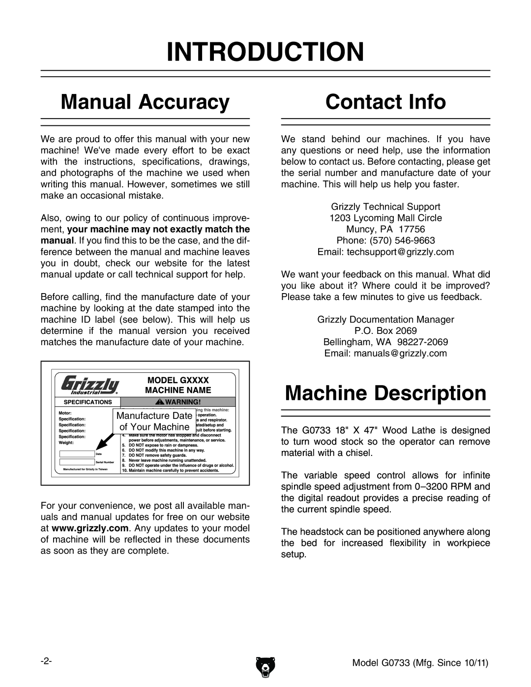 Grizzly G0733 owner manual Introduction, Manual Accuracy Contact Info, Machine Description, NdjgBVXcZ 