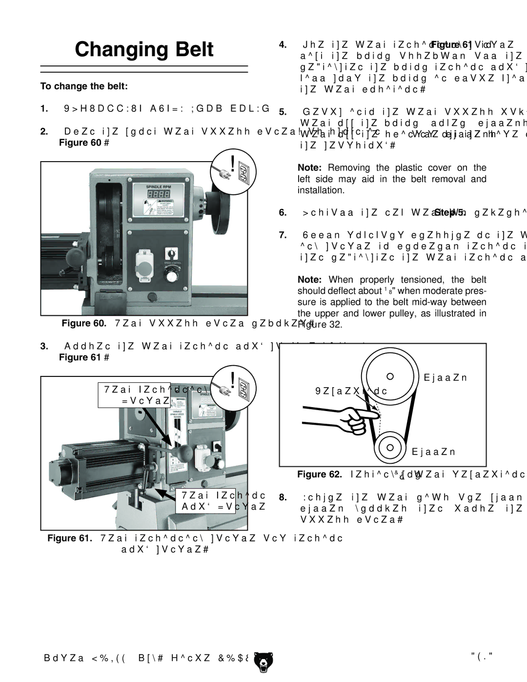 Grizzly G0733 owner manual Changing Belt, To change the belt, ChiVaaiZcZlWZaiWngZkZghc\Step, 7ZaiIZchdc 