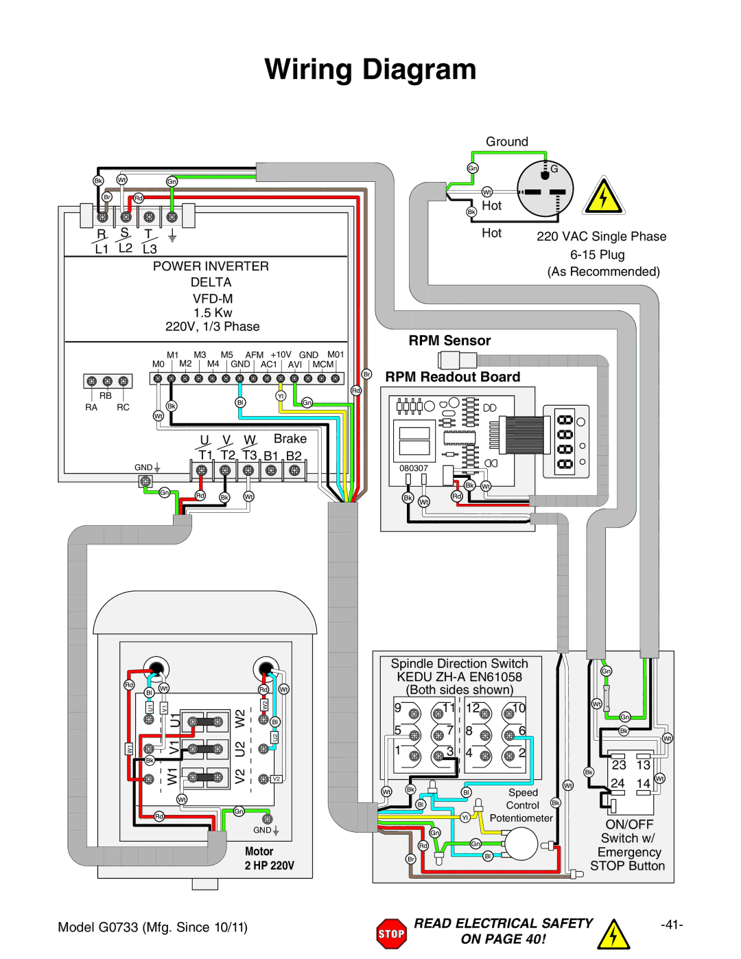 Grizzly G0733 owner manual Wiring Diagram, RPM Sensor, RPM Readout Board 