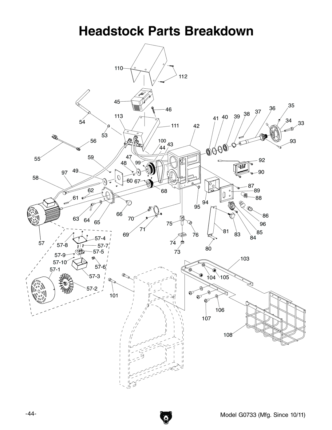 Grizzly G0733 owner manual Headstock Parts Breakdown 