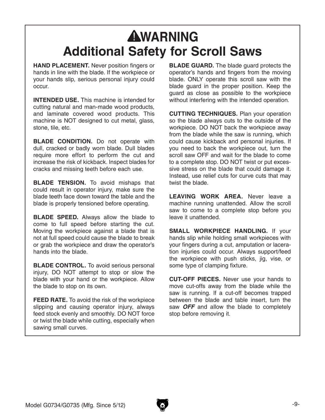 Grizzly G0734 owner manual Additional Safety for Scroll Saws, BdYZa%,$%,*B\#HcXZ*$& 