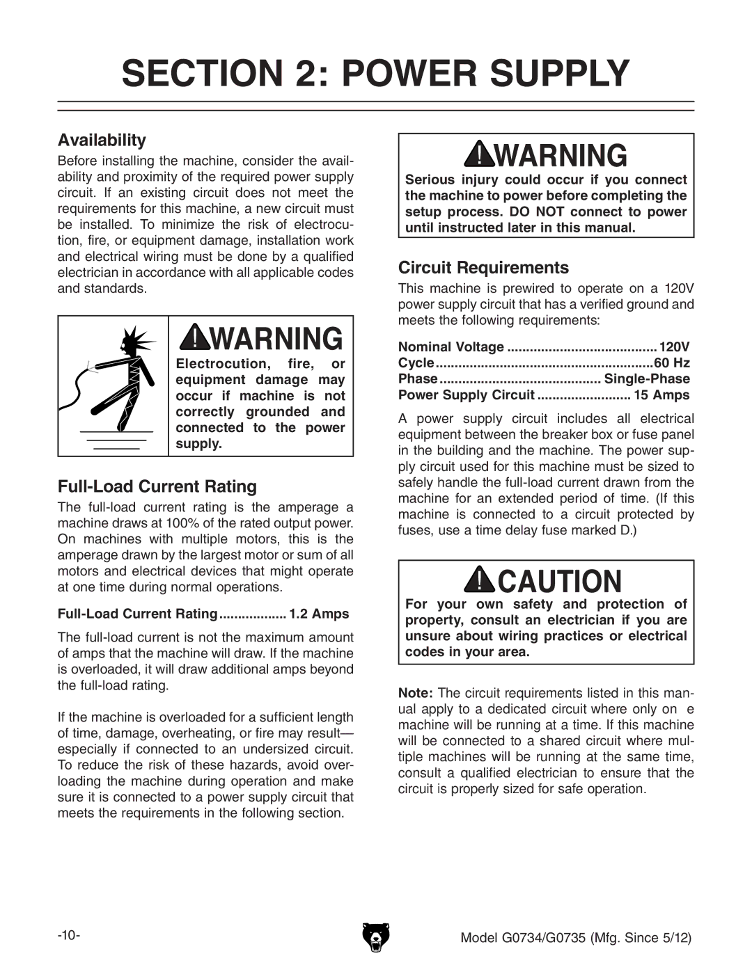 Grizzly G0734 owner manual Power Supply, Availability, Full-Load Current Rating, Circuit Requirements 