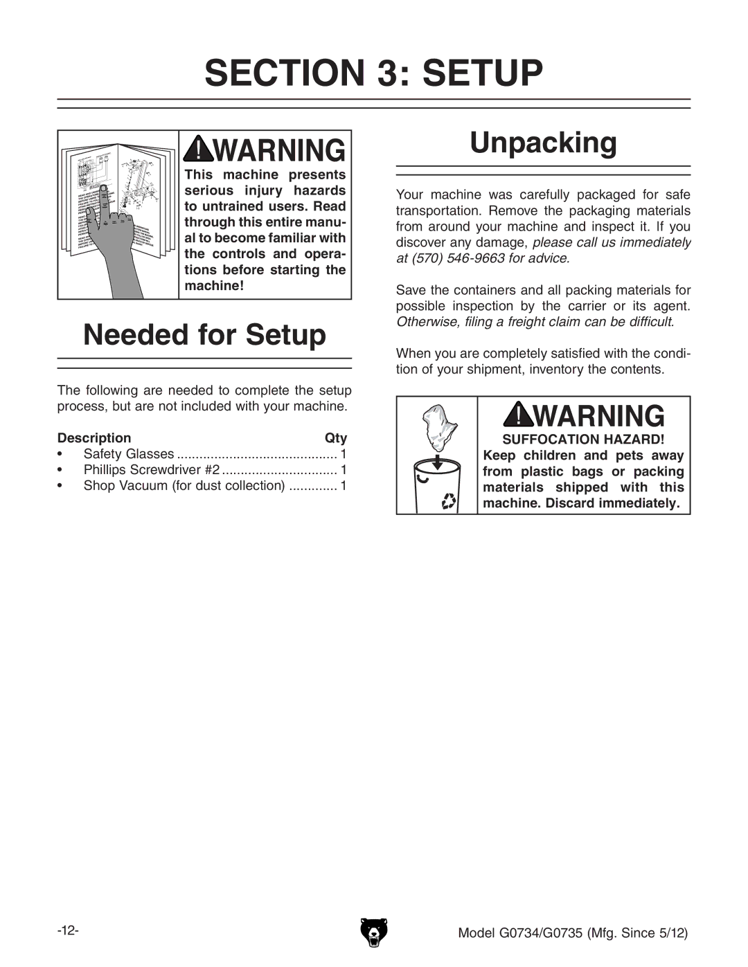 Grizzly G0734 owner manual Needed for Setup, Unpacking, Description Qty 