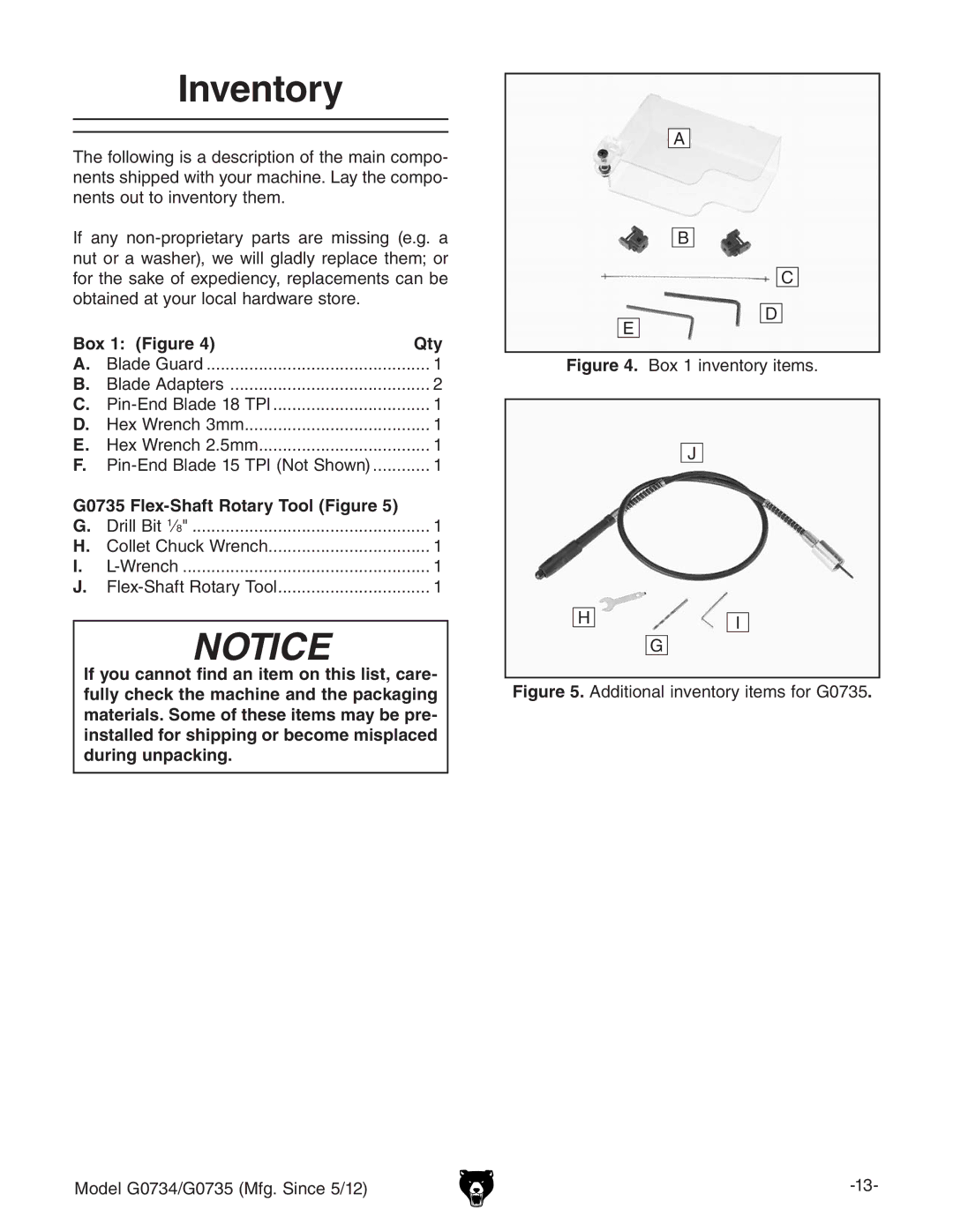 Grizzly G0734 owner manual Inventory, Box 1 Figure Qty, G0735 Flex-Shaft Rotary Tool Figure 