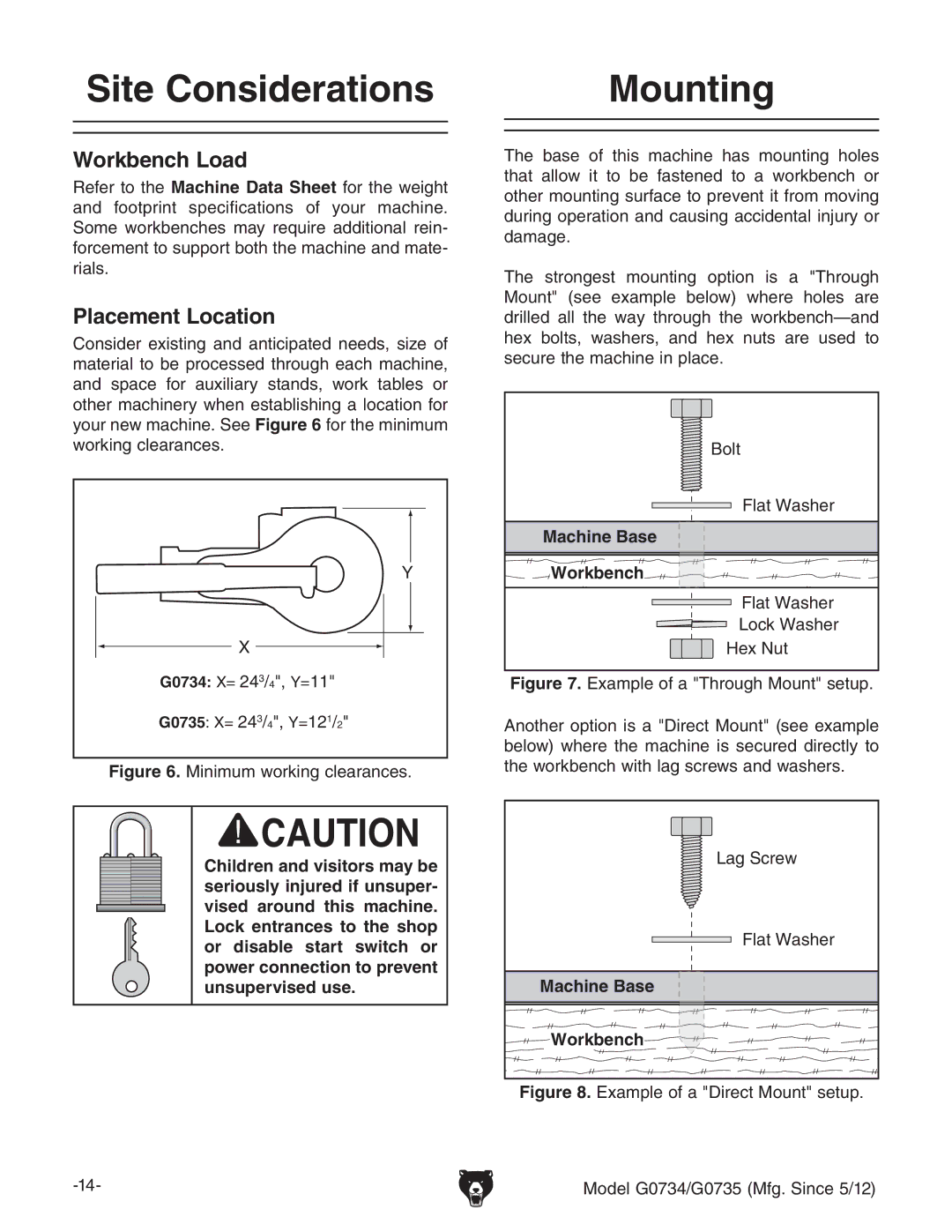 Grizzly G0734 owner manual Site Considerations, Mounting, Workbench Load, Placement Location 