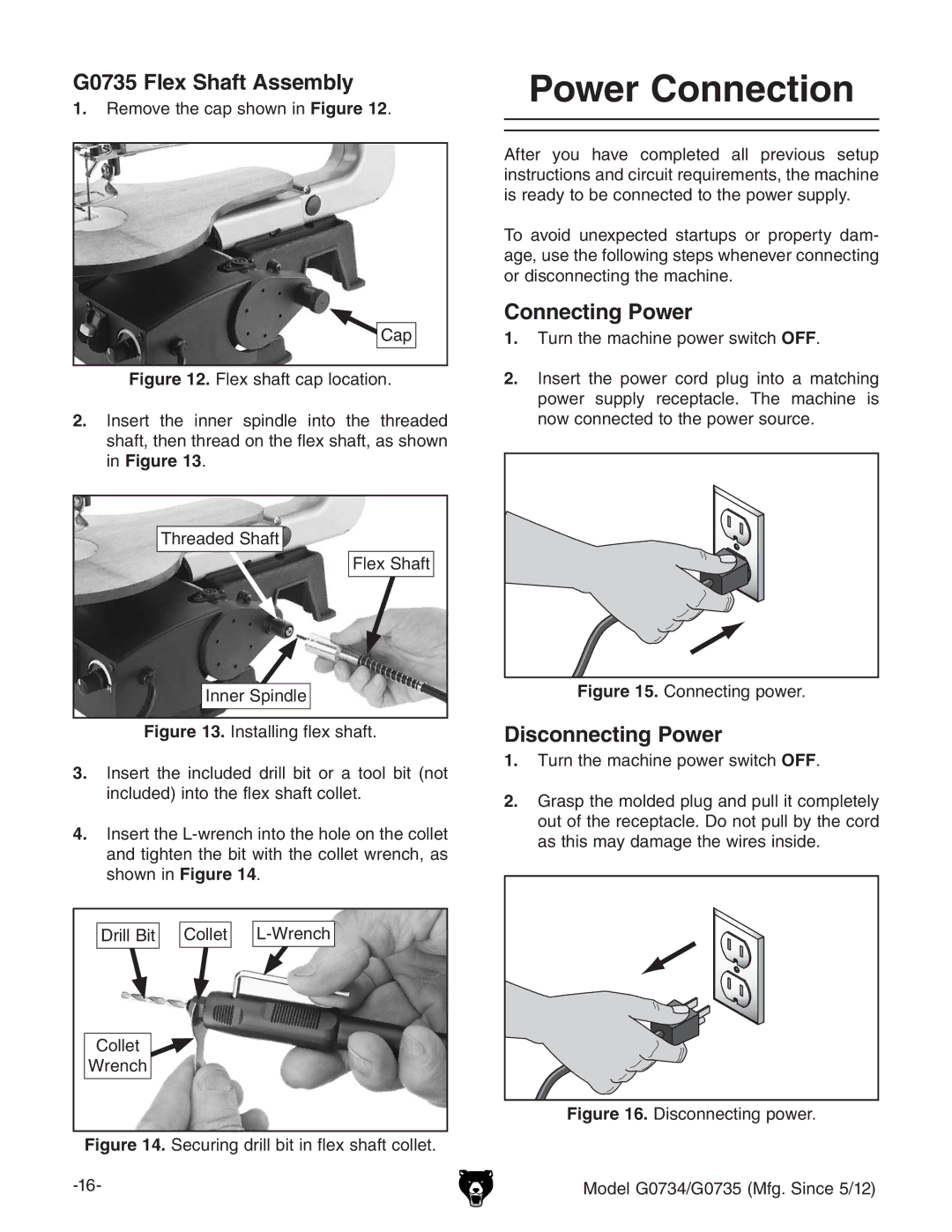 Grizzly G0734 owner manual  Power Connection, G0735 Flex Shaft Assembly, Connecting Power, Disconnecting Power 