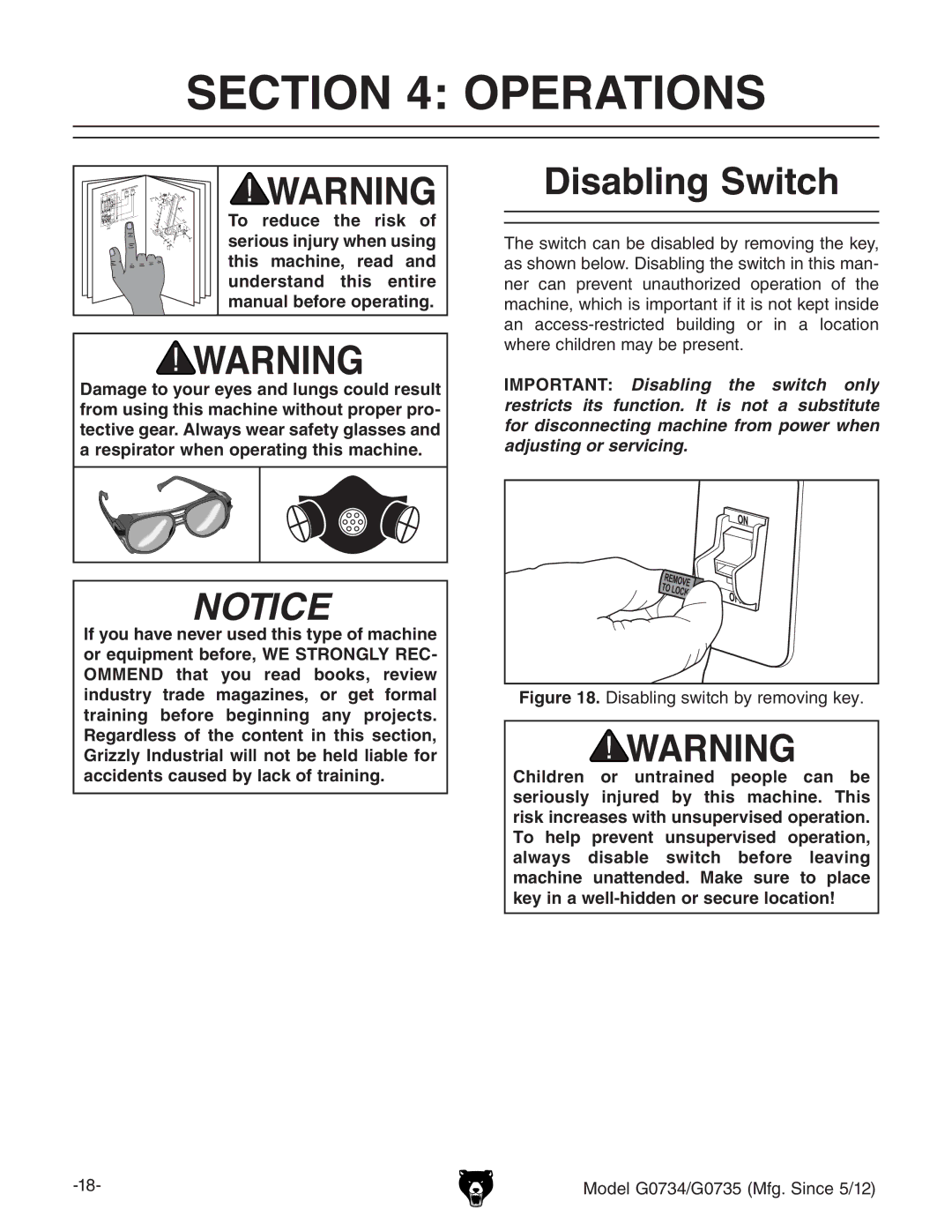 Grizzly G0734 owner manual Operations, Disabling Switch 