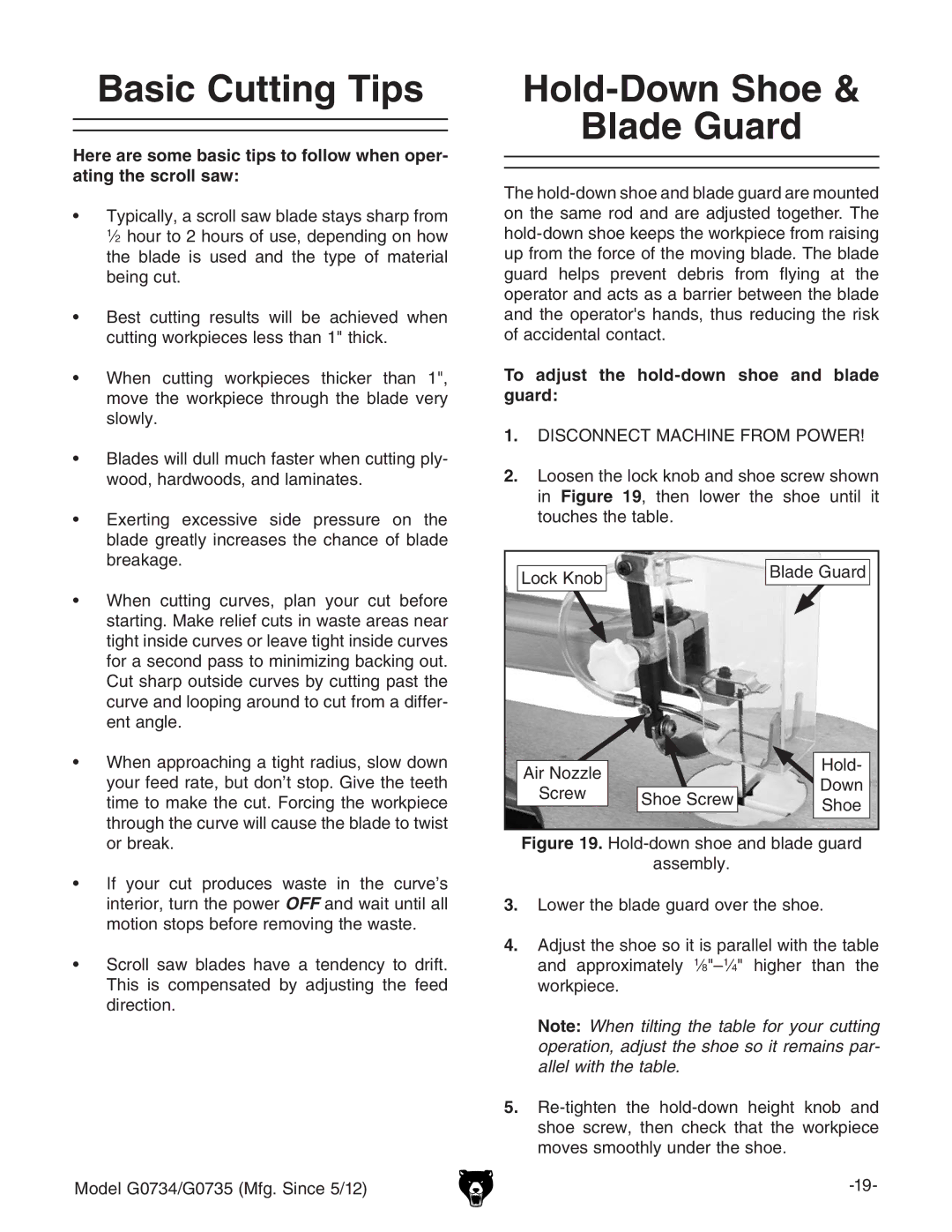 Grizzly G0734 owner manual Basic Cutting Tips, Hold-Down Shoe Blade Guard, To adjust the hold-down shoe and blade guard 