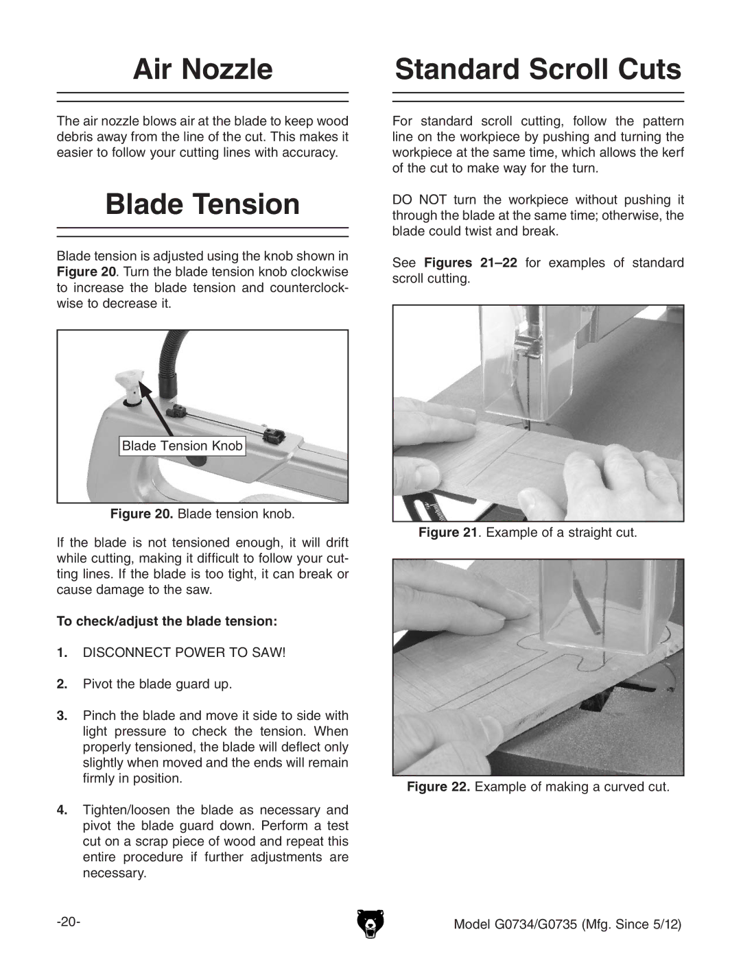 Grizzly G0734 owner manual Air Nozzle, Blade Tension, Standard Scroll Cuts, To check/adjust the blade tension 