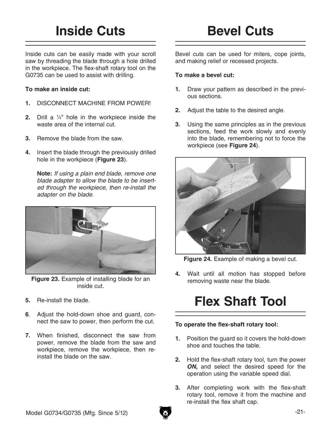 Grizzly G0734 owner manual Inside Cuts, Bevel Cuts, Flex Shaft Tool 