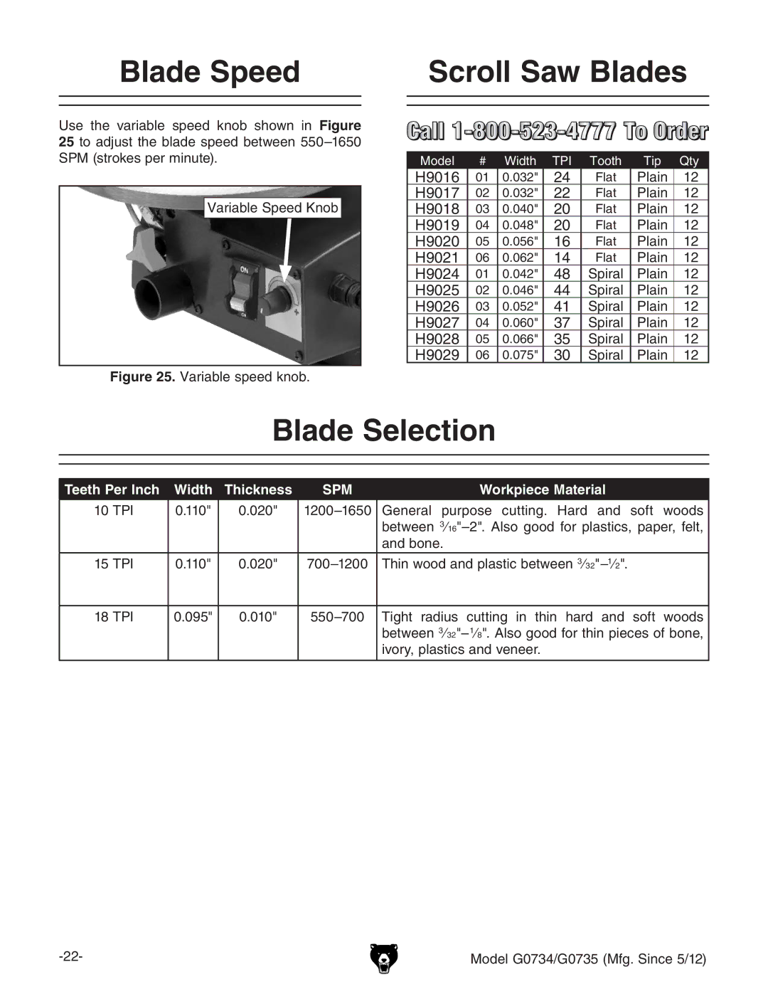 Grizzly G0734 owner manual Blade Speed, Scroll Saw Blades, Blade Selection 