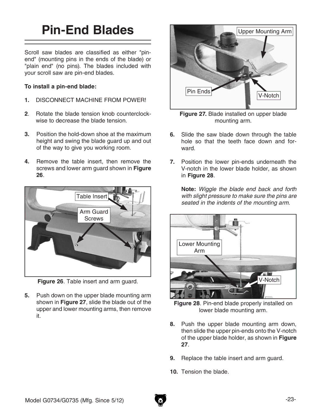 Grizzly G0734 owner manual Pin-End Blades, To install a pin-end blade, 27# 