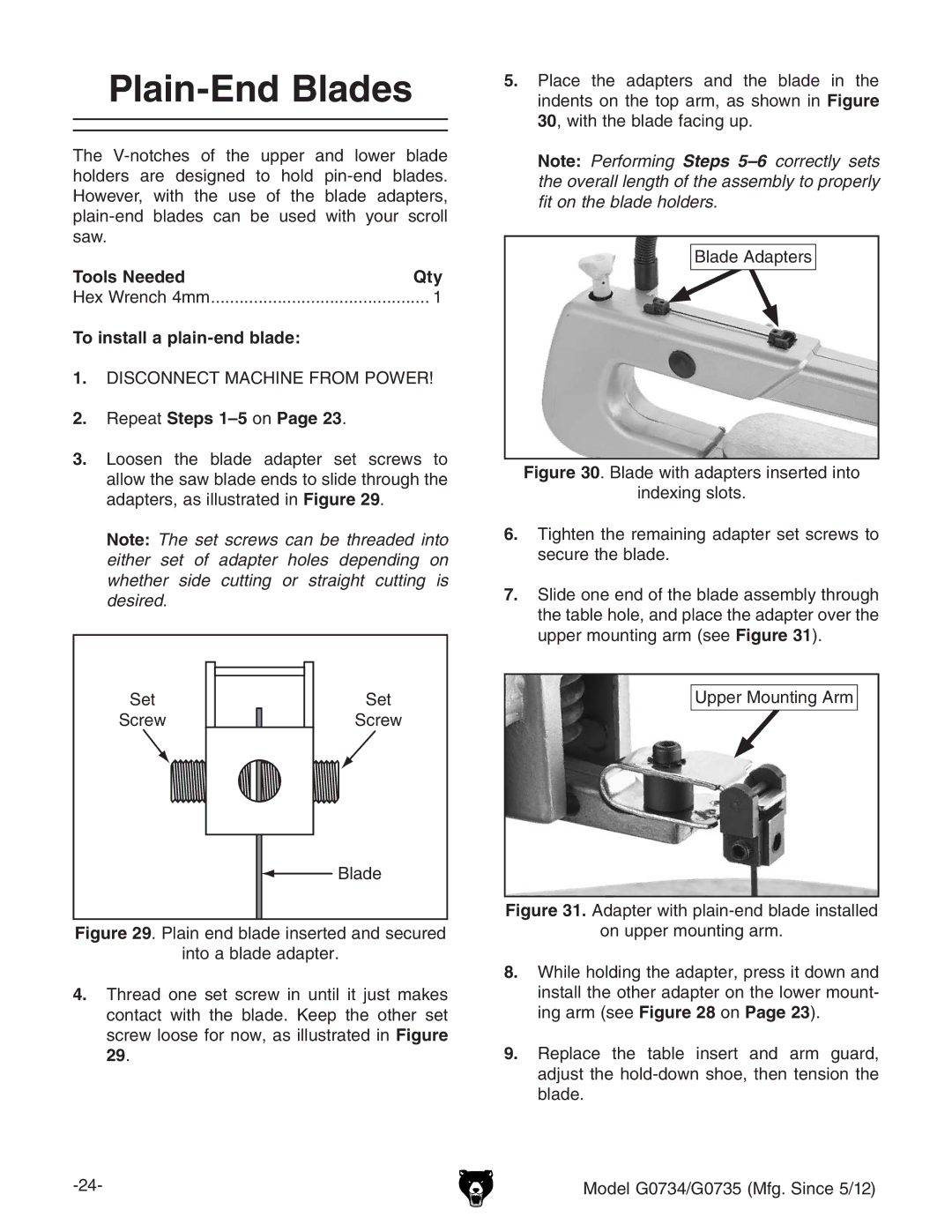 Grizzly G0734 owner manual Plain-End Blades, Tools NeededQty, To install a plain-end blade,  GZeZViSteps 1-5dcPage 23# 