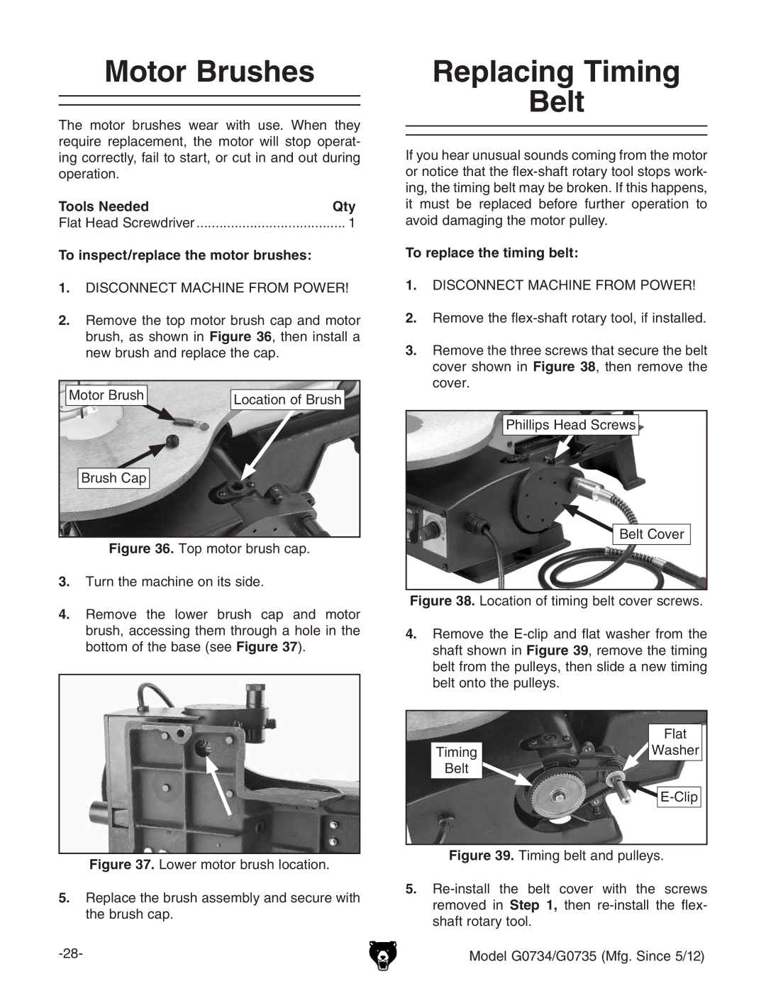 Grizzly G0734 Motor Brushes, Replacing Timing Belt, To inspect/replace the motor brushes, To replace the timing belt 