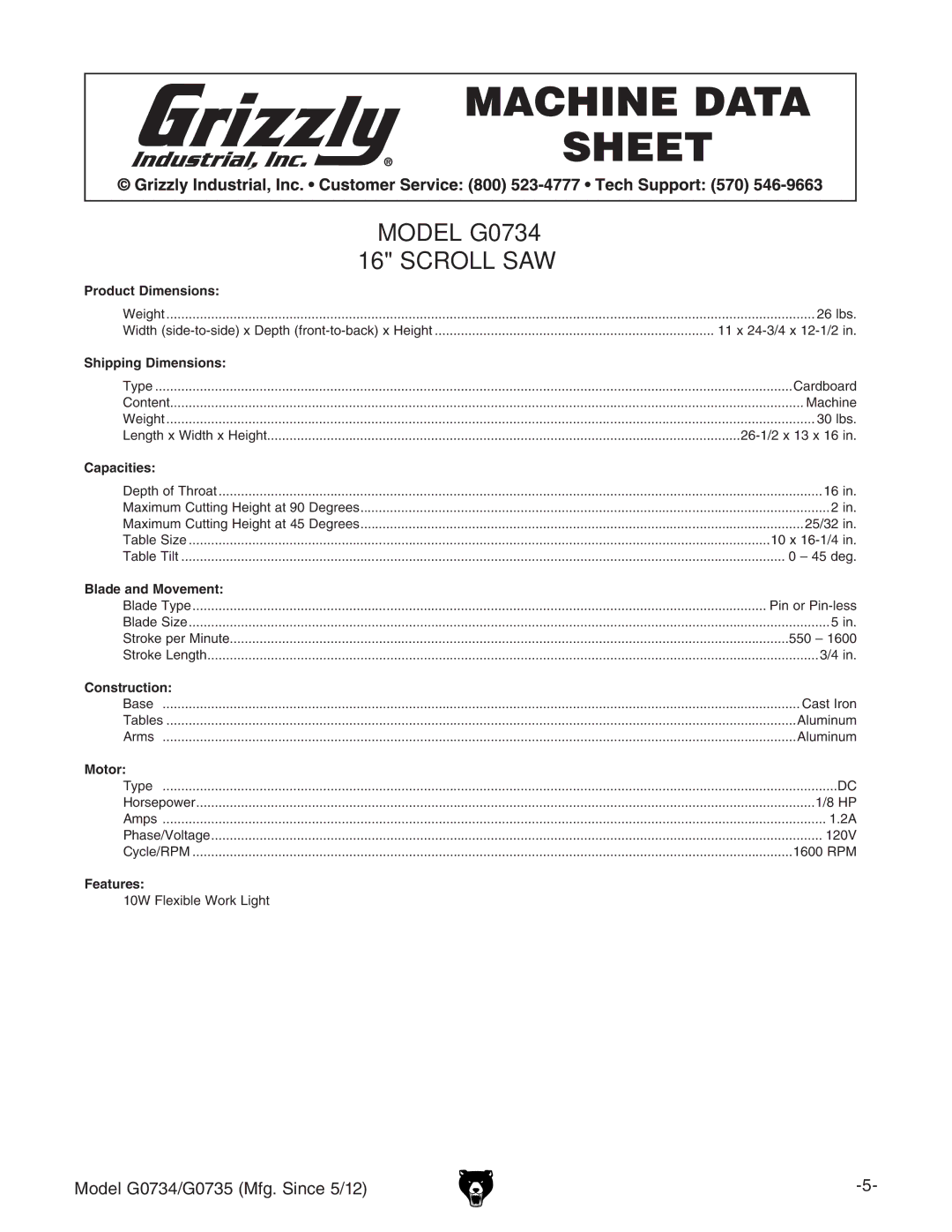 Grizzly owner manual Model G0734 Scroll SAW, BdYZa%,$%,*B\#HcXZ*$& 