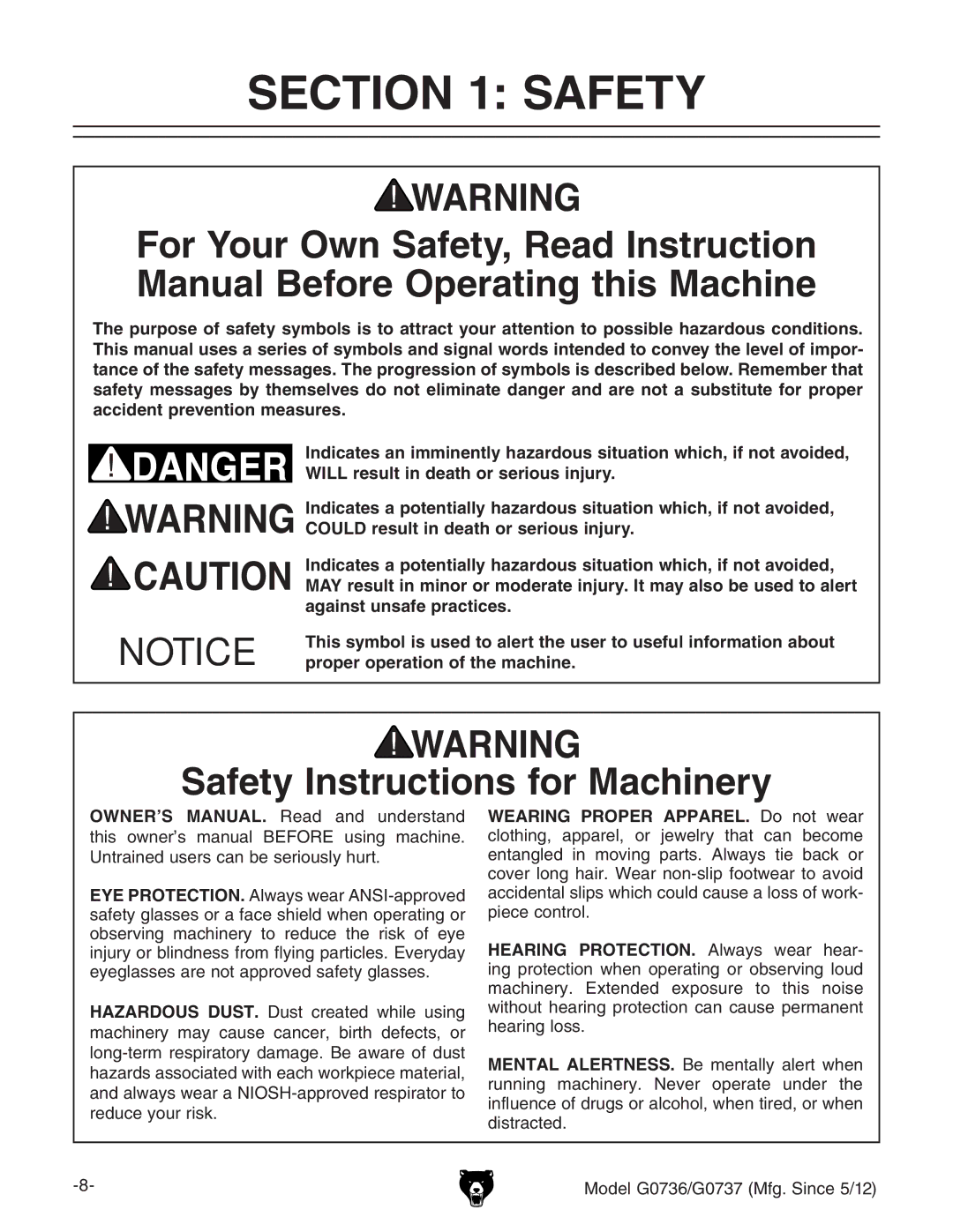 Grizzly G0736 owner manual Safety Instructions for Machinery, DWhZgkc\ bVXcZgn id gZYjXZ iZ gh` d ZnZ 