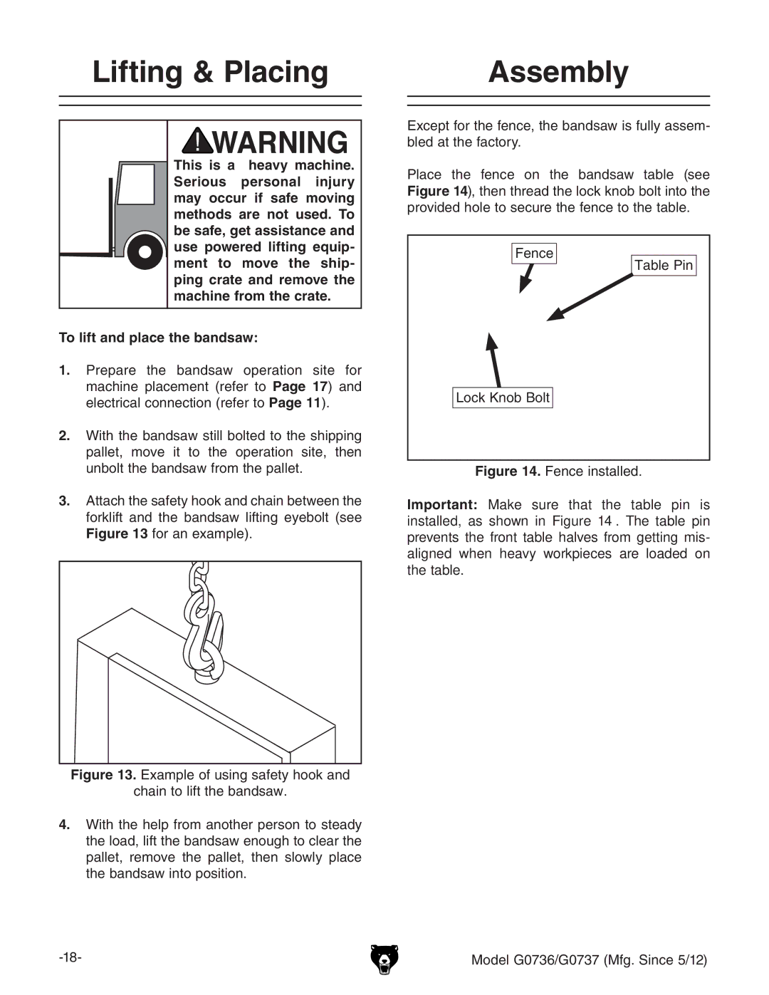 Grizzly G0736 owner manual Lifting & Placing, Assembly 