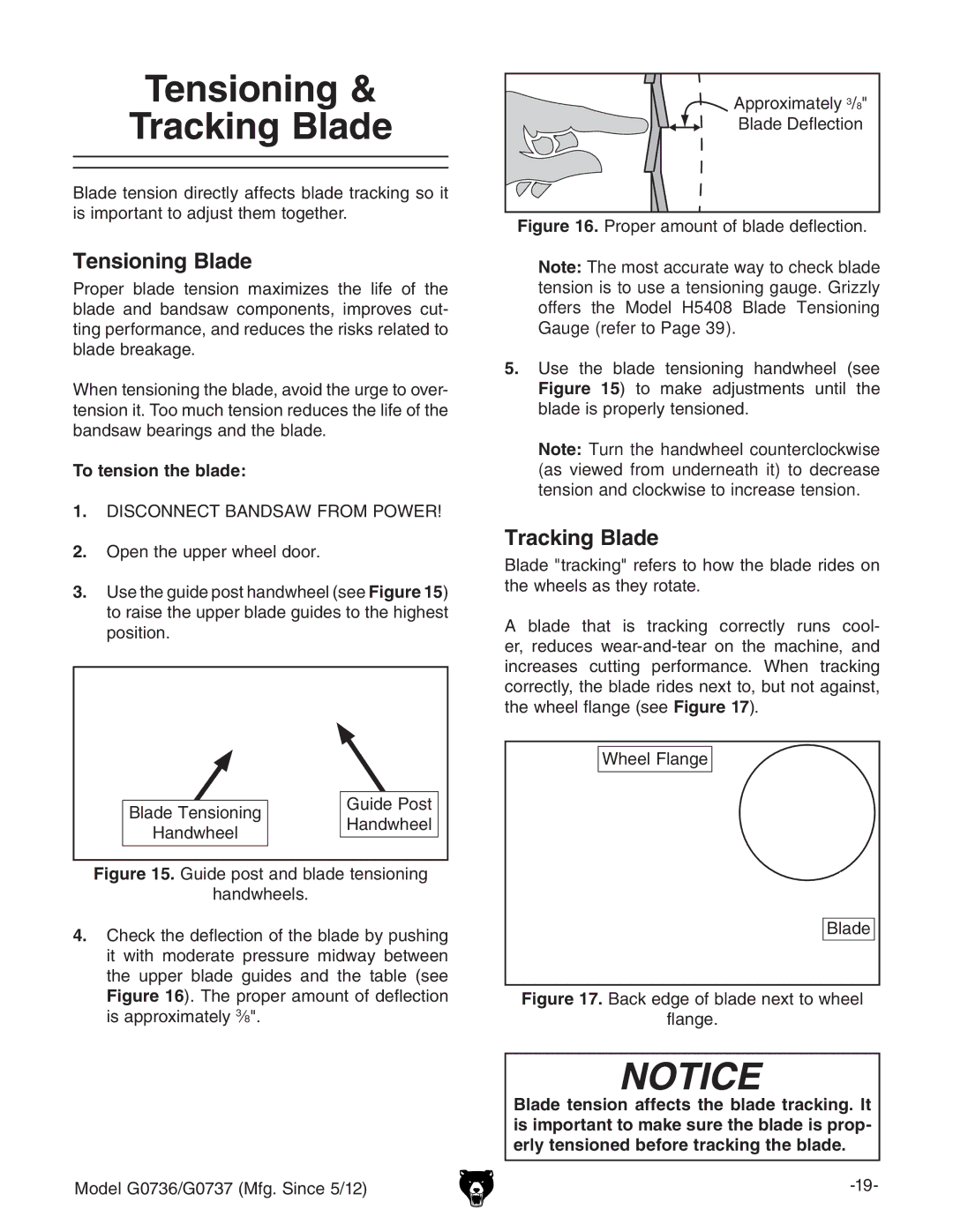 Grizzly G0736 owner manual Tensioning Tracking Blade, Tensioning Blade, To tension the blade 