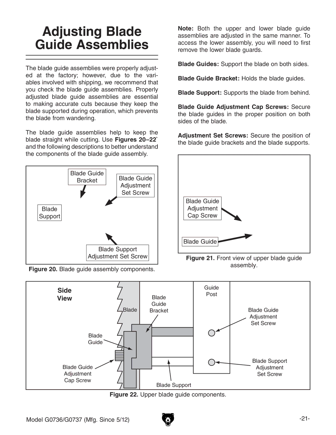 Grizzly G0736 owner manual Adjusting Blade Guide Assemblies 