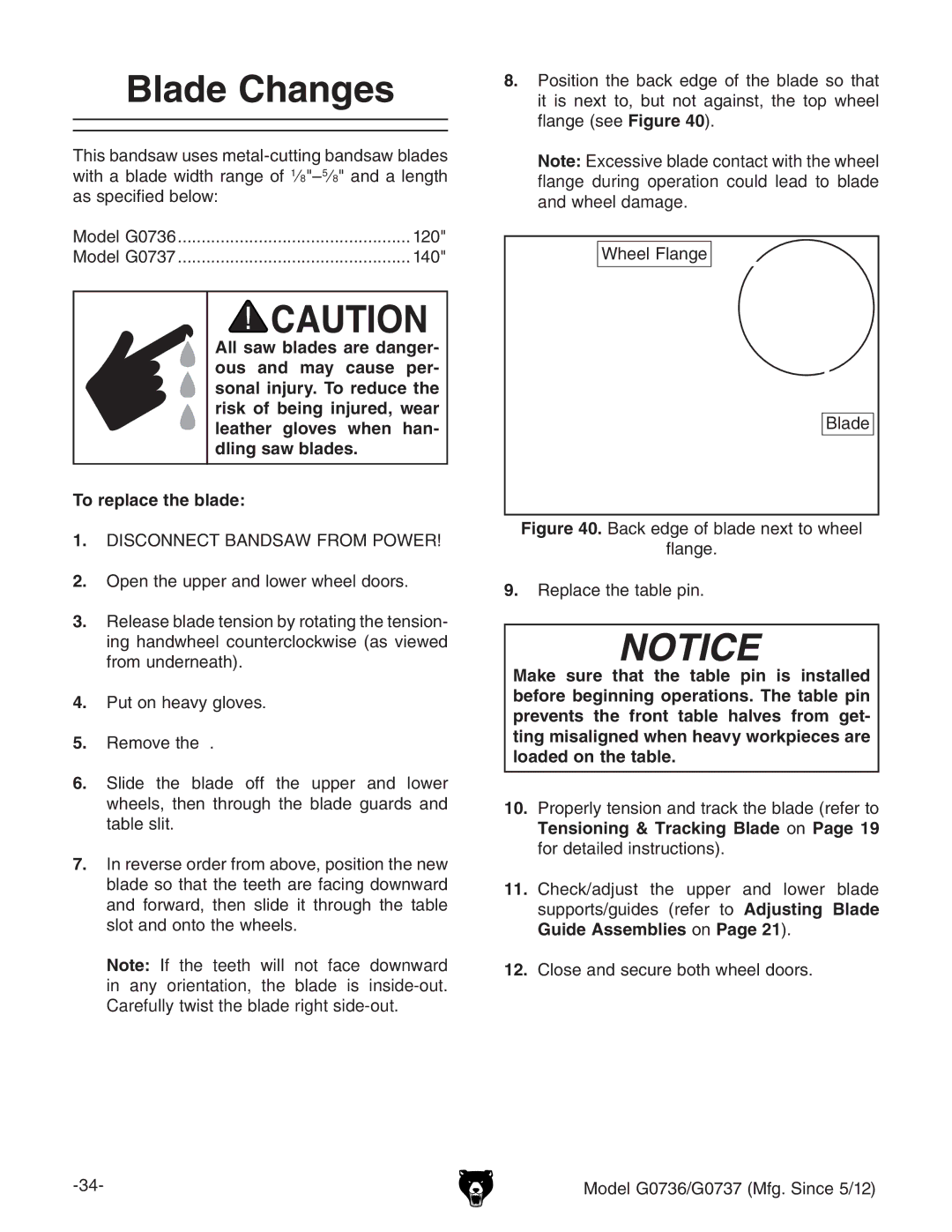 Grizzly G0736 owner manual Blade Changes, LZZaaVc\Z 7aVYZ 