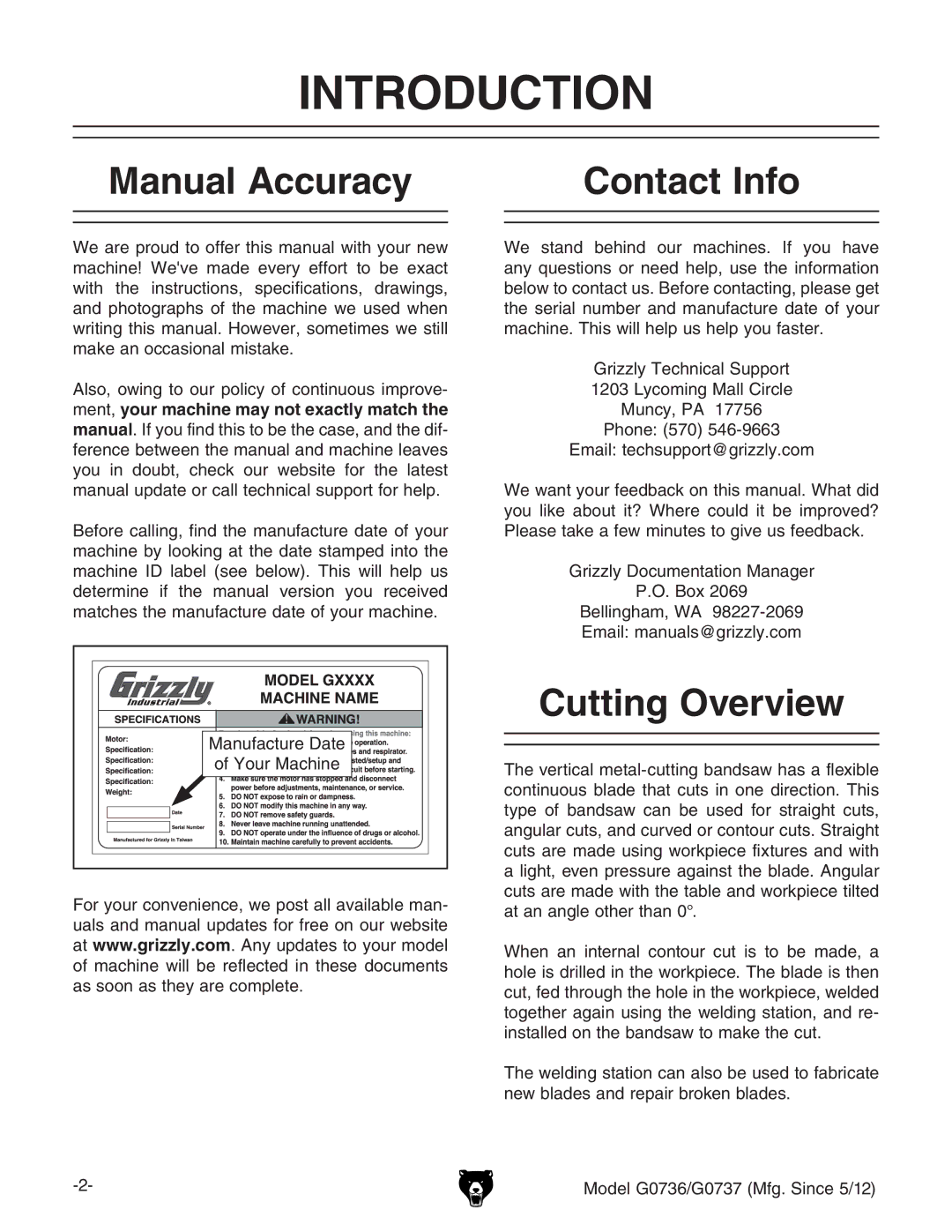 Grizzly G0736 owner manual Introduction, Manual Accuracy Contact Info, Cutting Overview, NdjgBVXcZ 