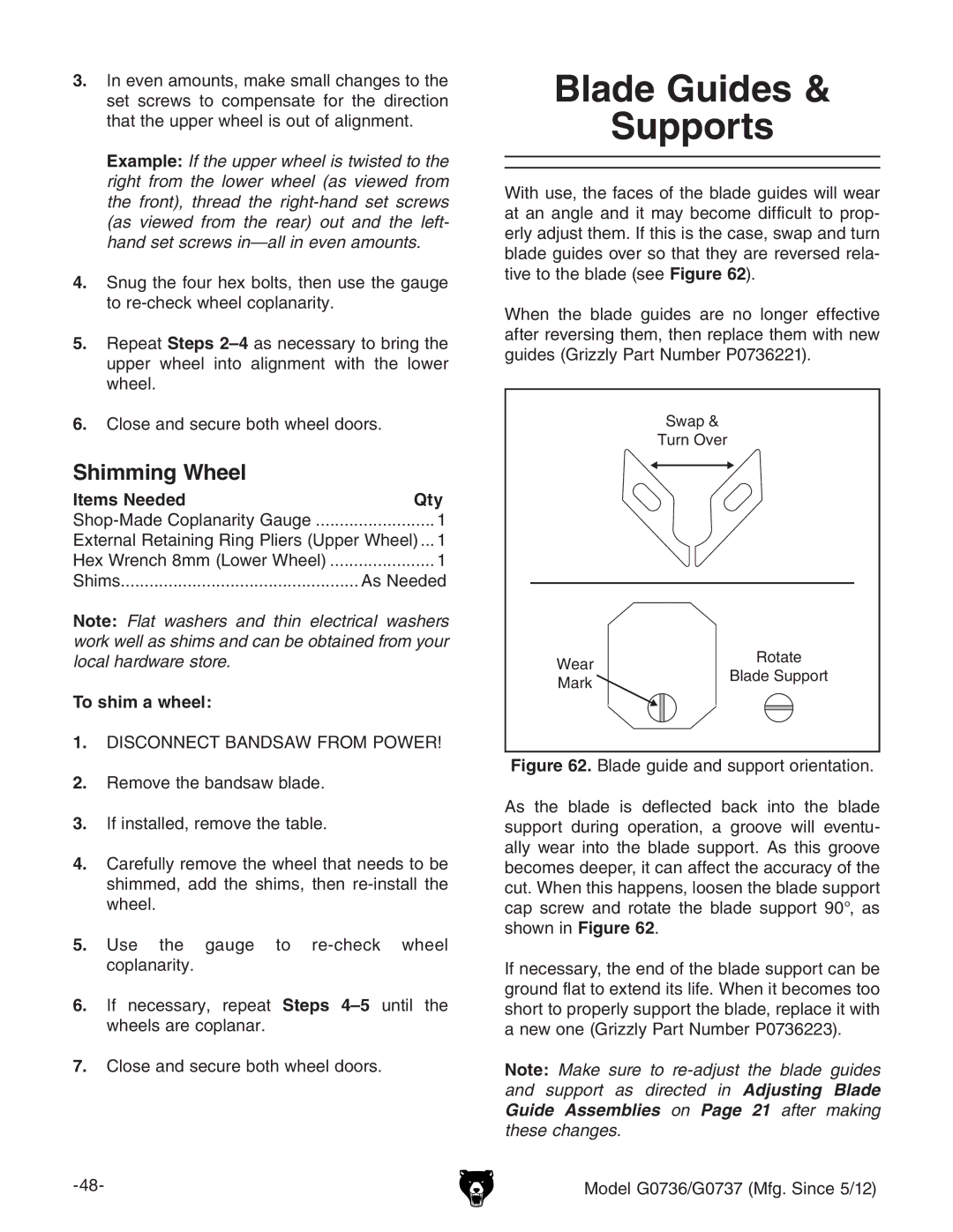 Grizzly G0736 owner manual Blade Guides Supports, Shimming Wheel, To shim a wheel 