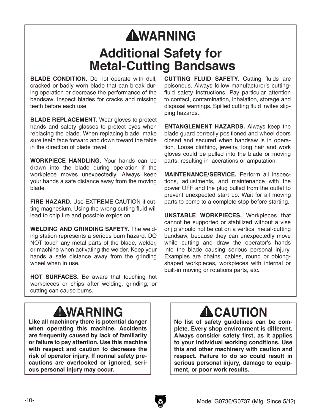 Grizzly G0736 owner manual Additional Safety for Metal-Cutting Bandsaws 