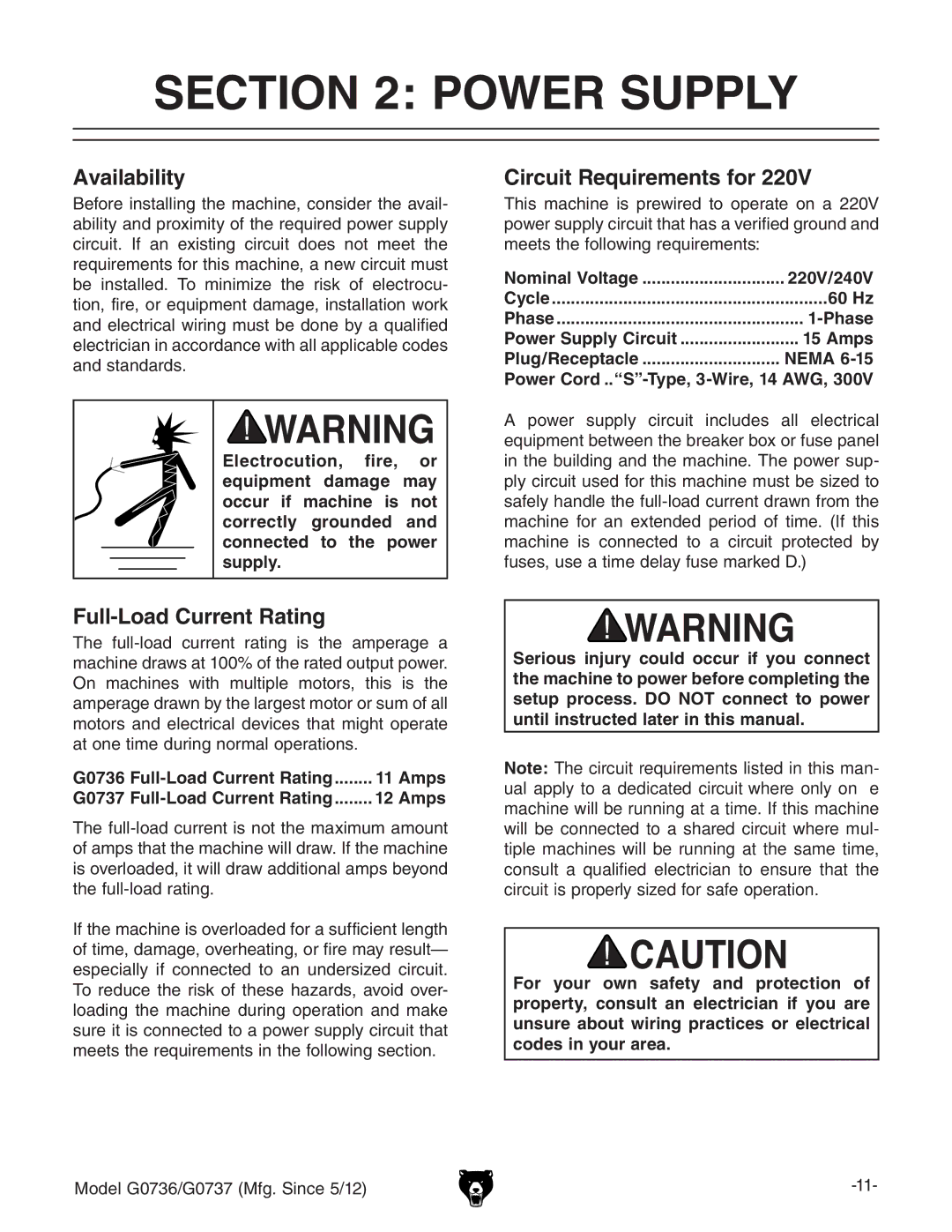 Grizzly G0736 owner manual Power Supply, Availability, Circuit Requirements for, Full-Load Current Rating 