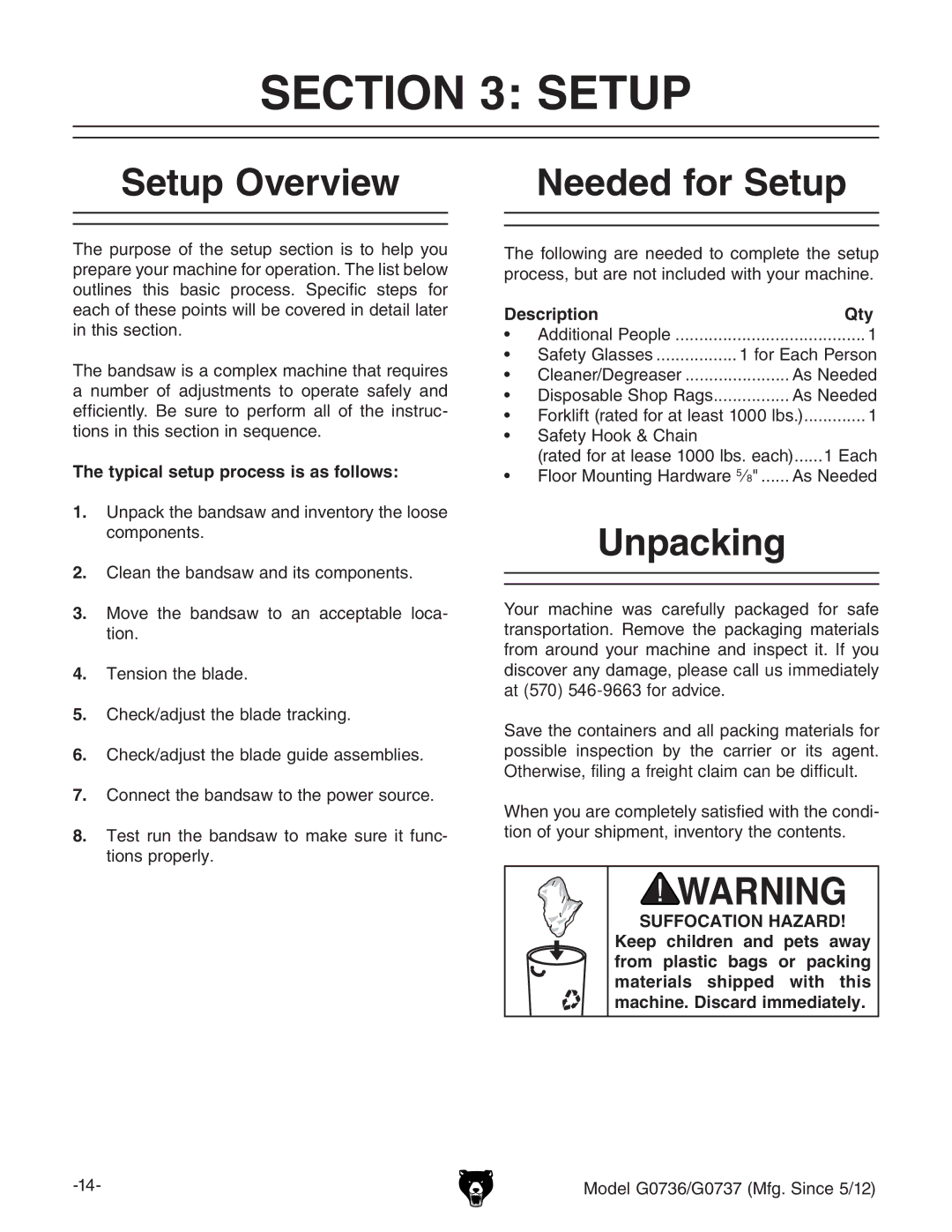 Grizzly G0736 owner manual Setup Overview, Needed for Setup, Unpacking 