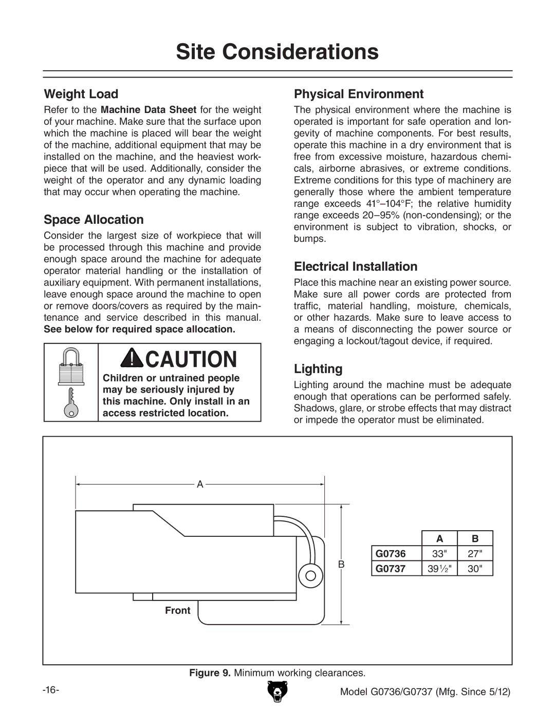 Grizzly G0736 owner manual Site Considerations 