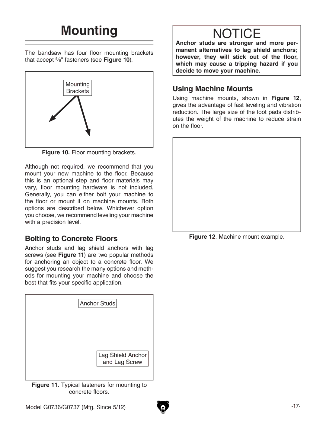 Grizzly G0736 owner manual Mounting, Bolting to Concrete Floors, Using Machine Mounts, Bdjcic\ 7gVX`Zih 