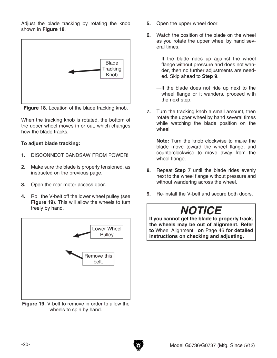 Grizzly G0736 owner manual To adjust blade tracking,  9H8DCC8I76C9H6LGDBEDLG,  DeZciZgZVgbdidgVXXZhhYddg# 