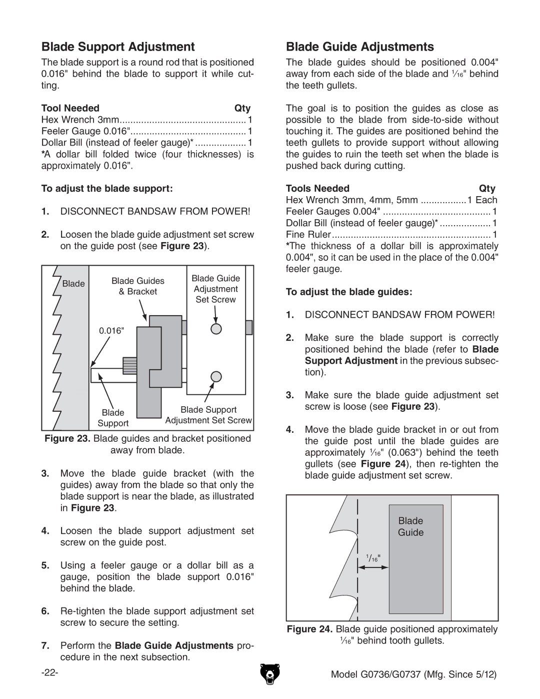 Grizzly G0736 owner manual Blade Support Adjustment, Blade Guide Adjustments 