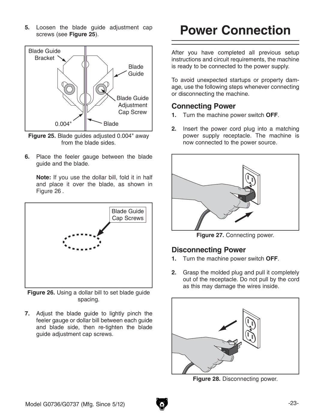 Grizzly G0736  Power Connection, Connecting Power, Disconnecting Power, HeVXc\#,  IjgciZbVXcZedlZghliXOFF# 